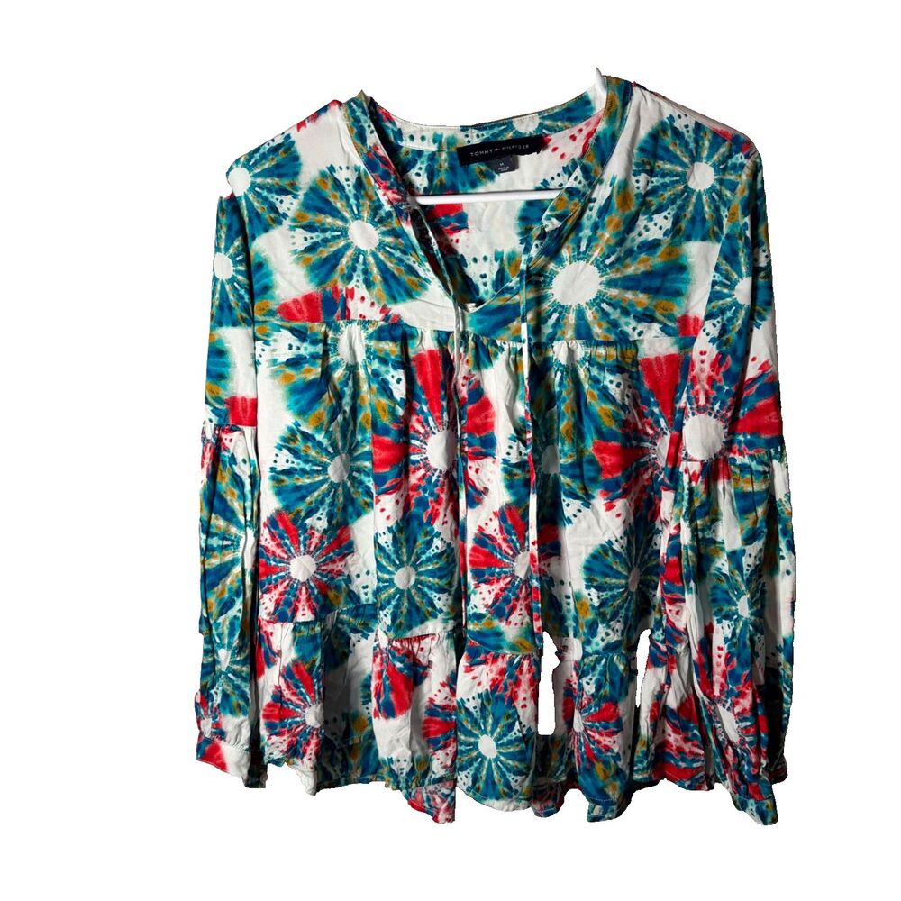 Tommy Hilfiger Blouse Women's Medium V-Neck Tie Dye V-Neck Long Sleeve Tie